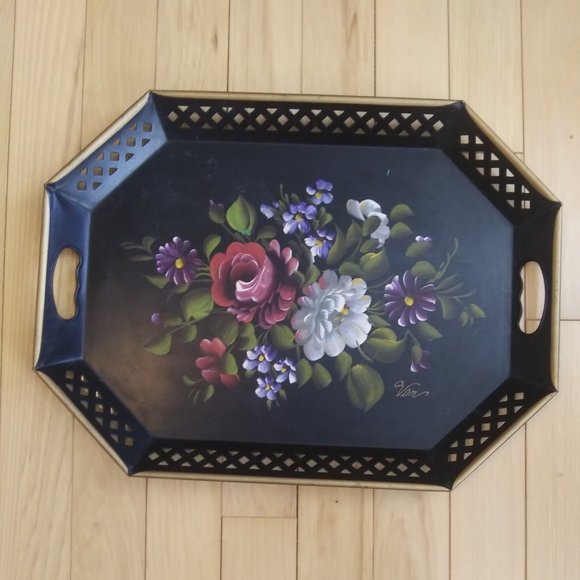 Hand-Painted Black Toleware Tray Florals pierced decorative Rim Signed Van - Picture 1 of 15